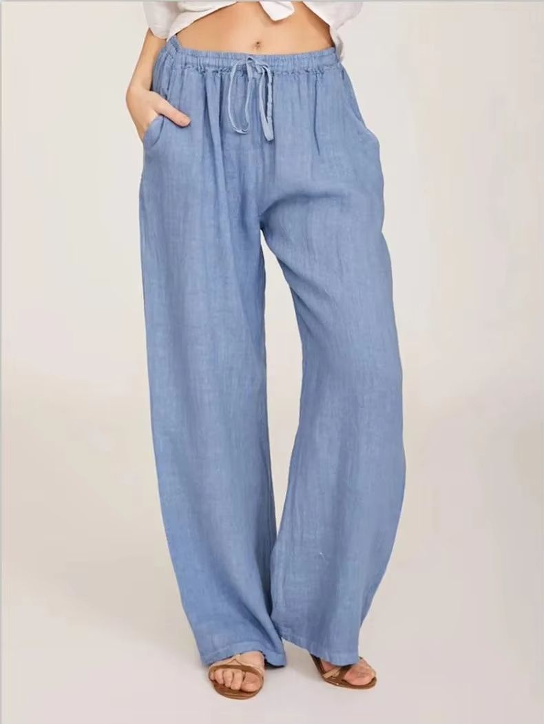 Womens Cotton Linen Wide Leg Pants  Casual Loose Trousers With Elastic Waist  Pockets 2