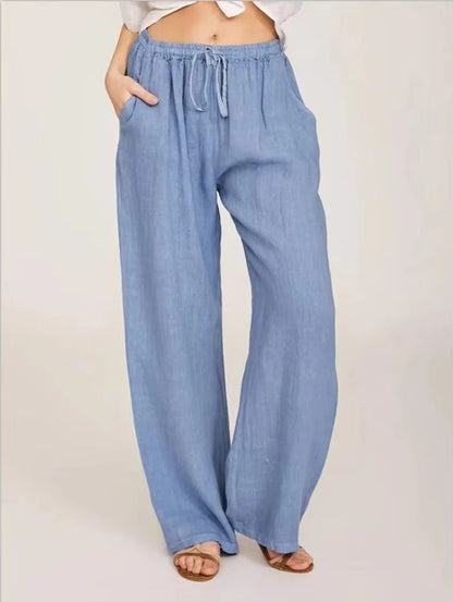 Womens Cotton Linen Wide Leg Pants  Casual Loose Trousers With Elastic Waist  Pockets 2