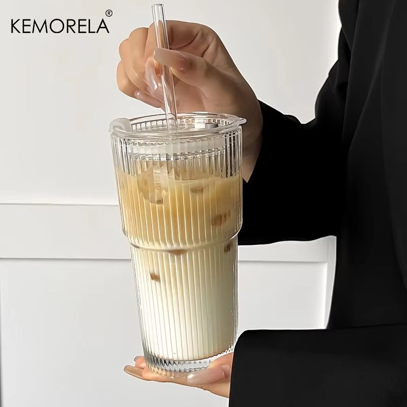 600ML Striped Glass Coffee Cup  Transparent Drinking Mug With Optional Lid  Straw For Juice Iced Co 1