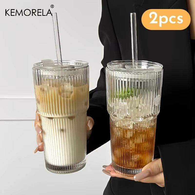 600ML Striped Glass Coffee Cup  Transparent Drinking Mug With Optional Lid  Straw For Juice Iced Co 9