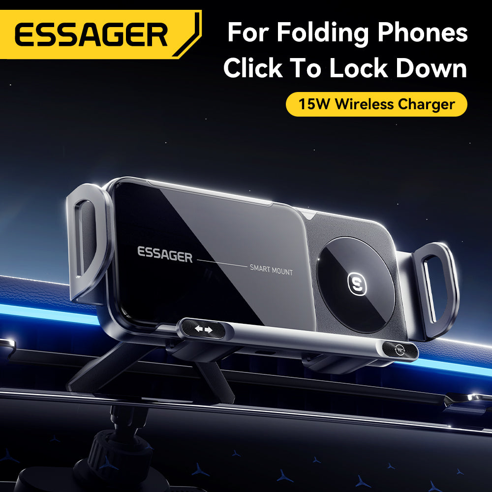 Essager Fold Screen Car Wireless Charger, Dual Coil Fast Charging Rotatable Phone Holder for Samsung Galaxy