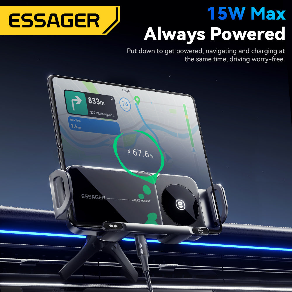 Essager Fold Screen Car Wireless Charger, Dual Coil Fast Charging Rotatable Phone Holder for Samsung Galaxy