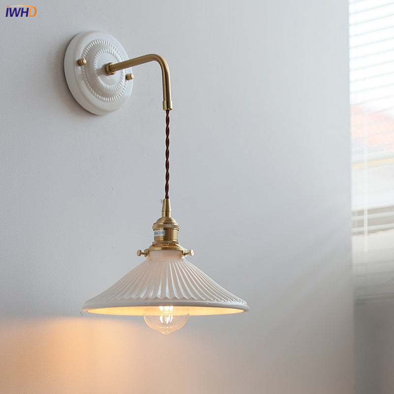 Japan Style Ceramic LED Wall Lamp, Adjustable Copper Arm Sconce for Bedroom, Bathroom Mirror Light, Nordic Modern