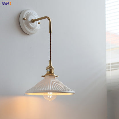 Japan Style Ceramic LED Wall Lamp, Adjustable Copper Arm Sconce for Bedroom, Bathroom Mirror Light, Nordic Modern