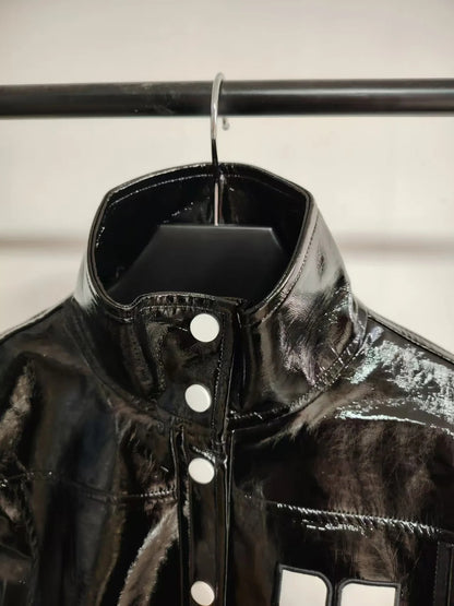 Luxury French Classic Logo Embossed PU Texture Shiny Leather Moto Jacket, Trendy Short Coat with Flip Collar Outerwear