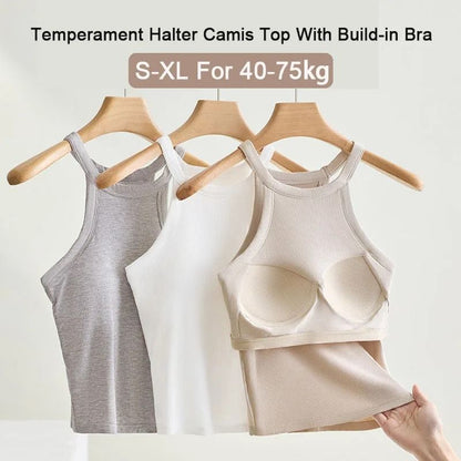 Women Halter Neck Camisole Top with Built-in Bra Slim Fit Sling