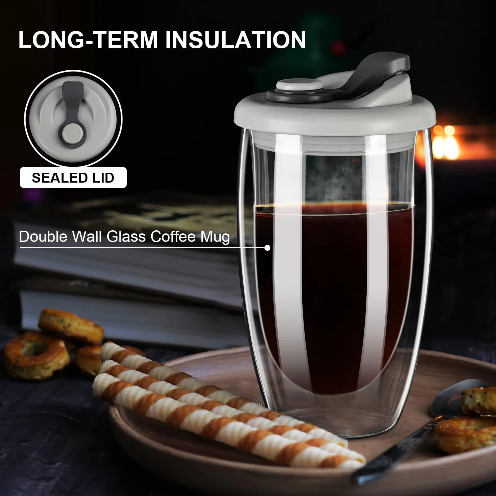 Insulated Glass Coffee Mug with Silicone Lid – 15oz Double Wall Portable Cup