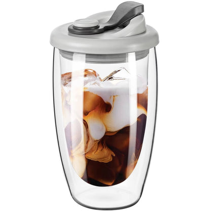 Insulated Glass Coffee Mug With Silicone Lid  15oz Double Wall Portable Cup 1