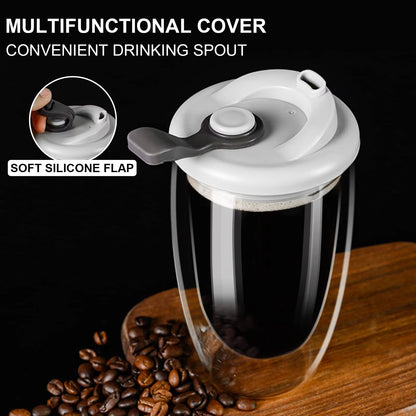 Insulated Glass Coffee Mug With Silicone Lid  15oz Double Wall Portable Cup 3