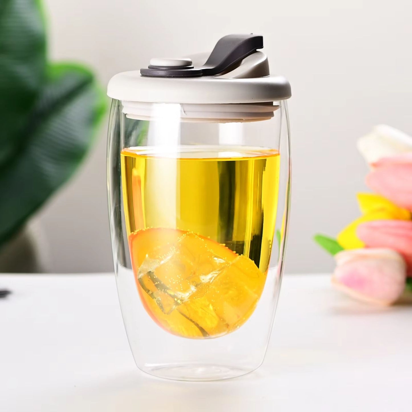 Insulated Glass Coffee Mug With Silicone Lid  15oz Double Wall Portable Cup 6