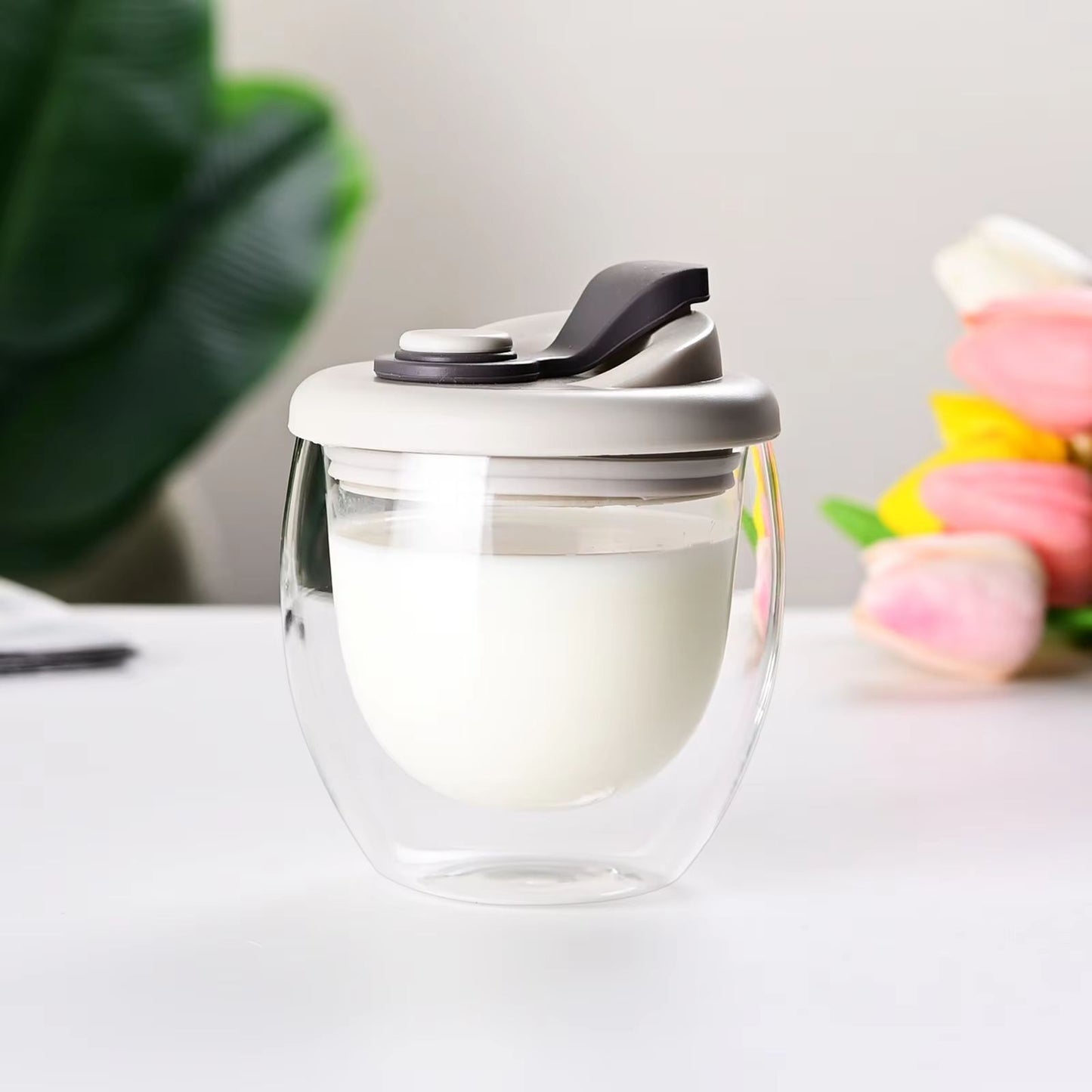 Insulated Glass Coffee Mug With Silicone Lid  15oz Double Wall Portable Cup 7