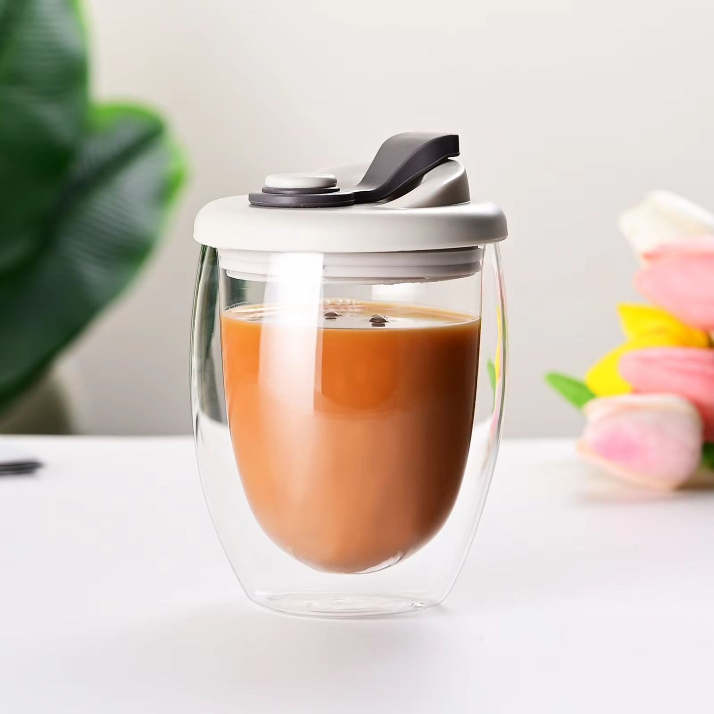 Insulated Glass Coffee Mug With Silicone Lid  15oz Double Wall Portable Cup 8