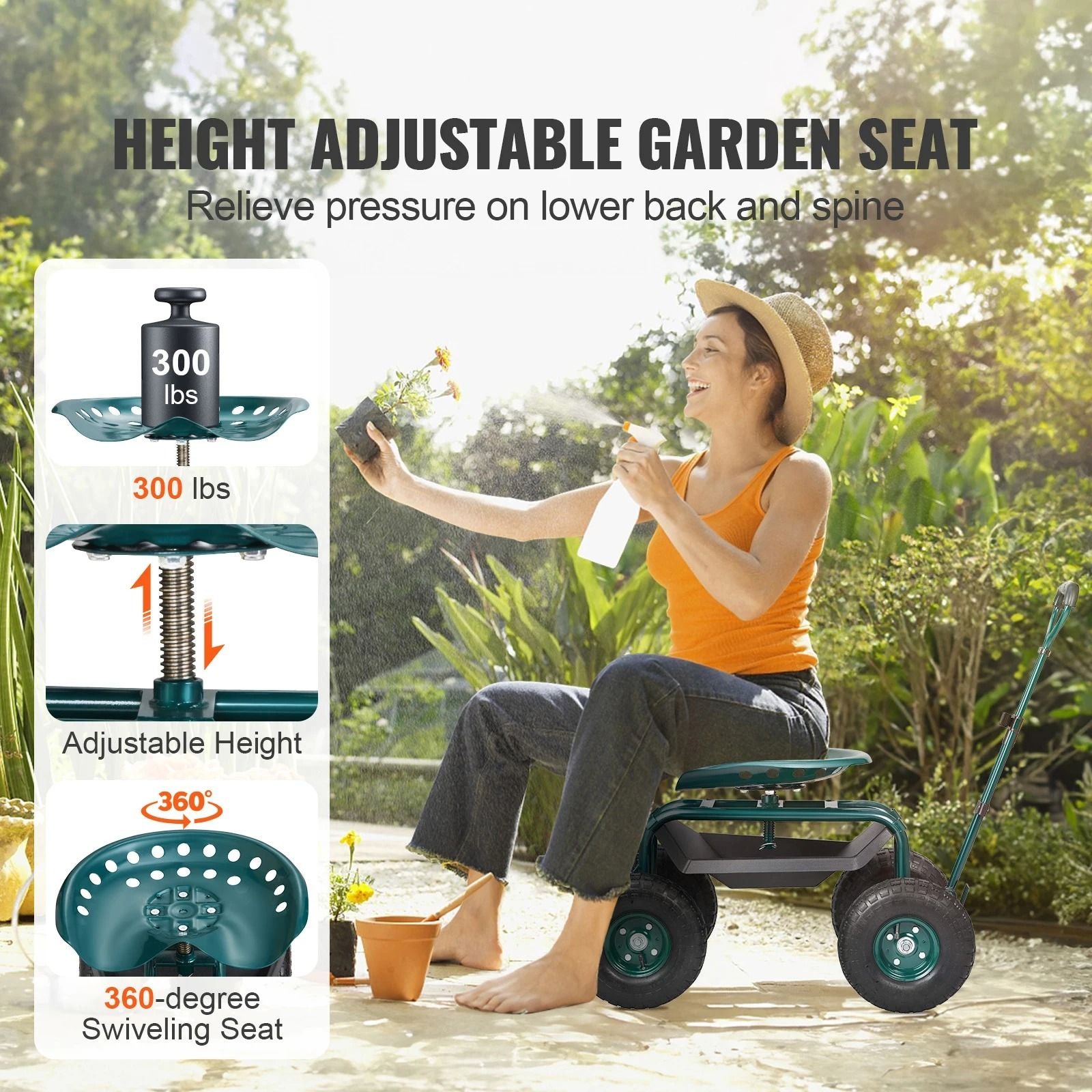 Rolling Garden Work seat with Swivel Seat and Steering Handle
