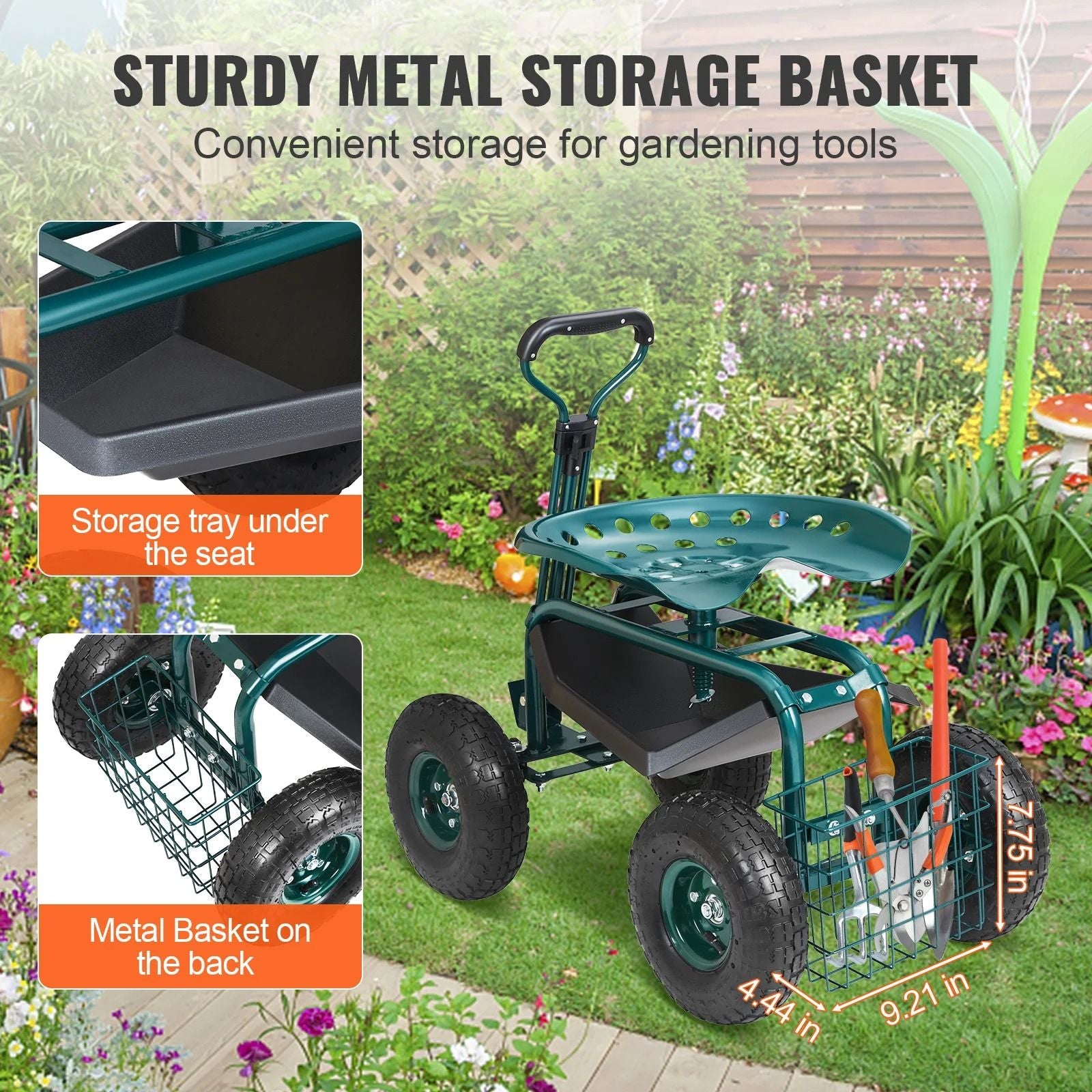 Rolling Garden Work Seat With Swivel Seat And Steering Handle 3