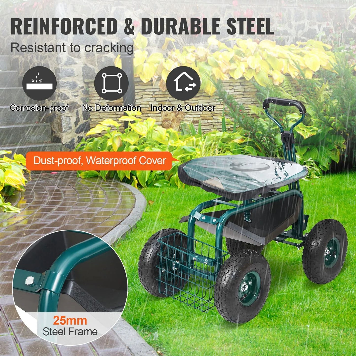 Rolling Garden Work Seat With Swivel Seat And Steering Handle 4