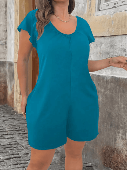 Plus Size V Neck Jumpsuit With Flounce Sleeves And Pockets Casual Chic Summer Outfit 1