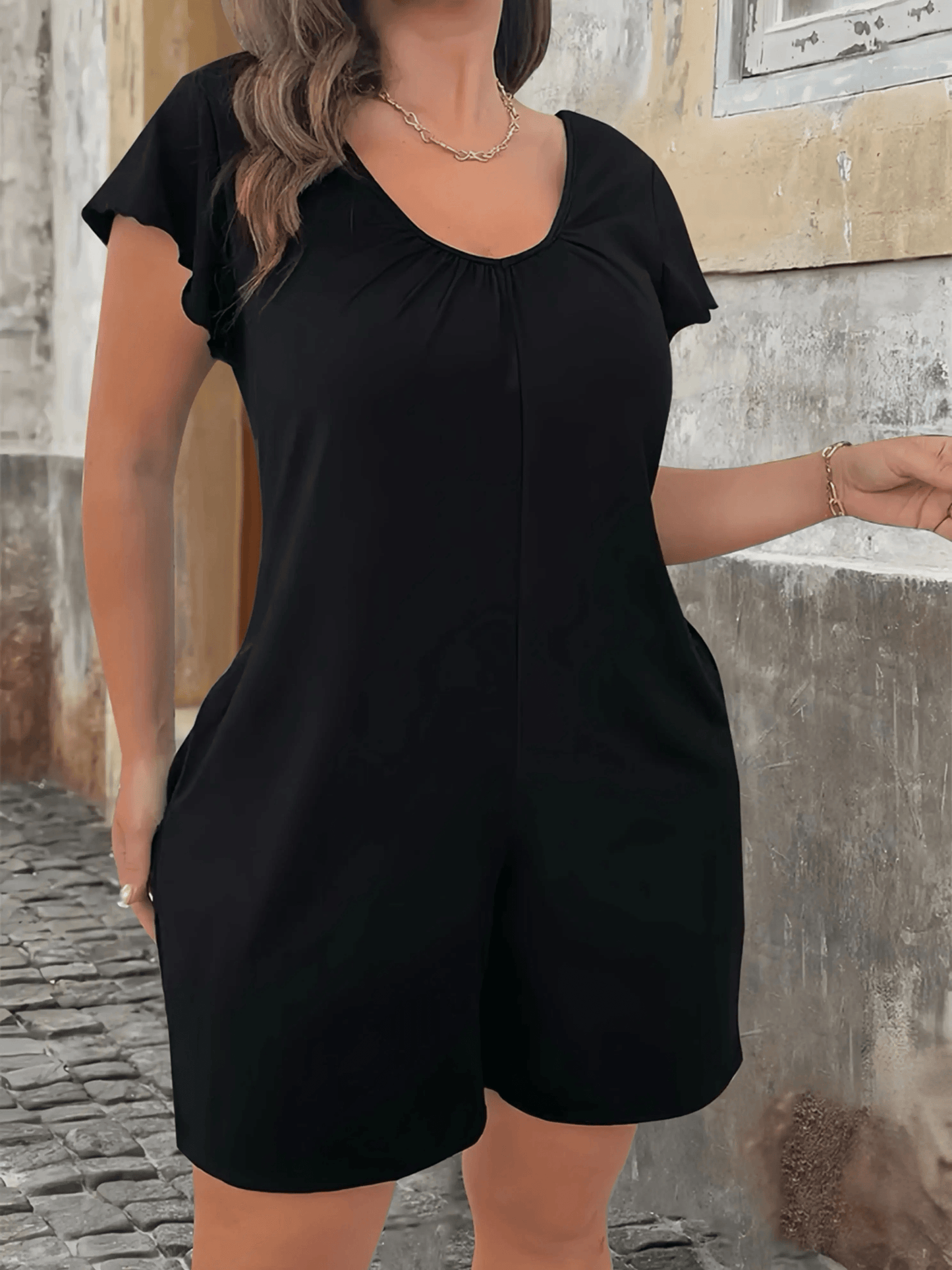 Plus Size V Neck Jumpsuit With Flounce Sleeves And Pockets Casual Chic Summer Outfit 2