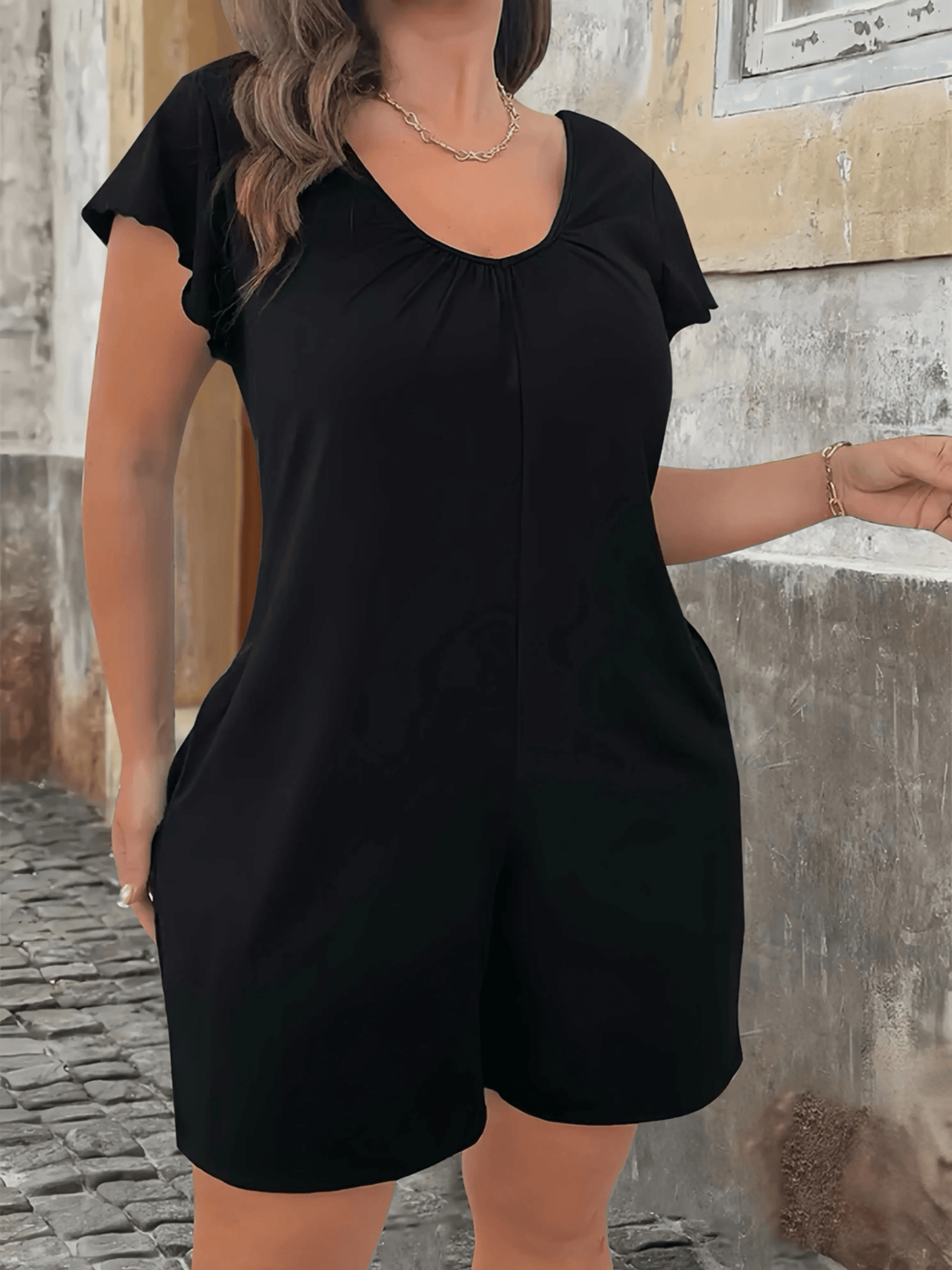 Plus Size V Neck Jumpsuit With Flounce Sleeves And Pockets Casual Chic Summer Outfit 2