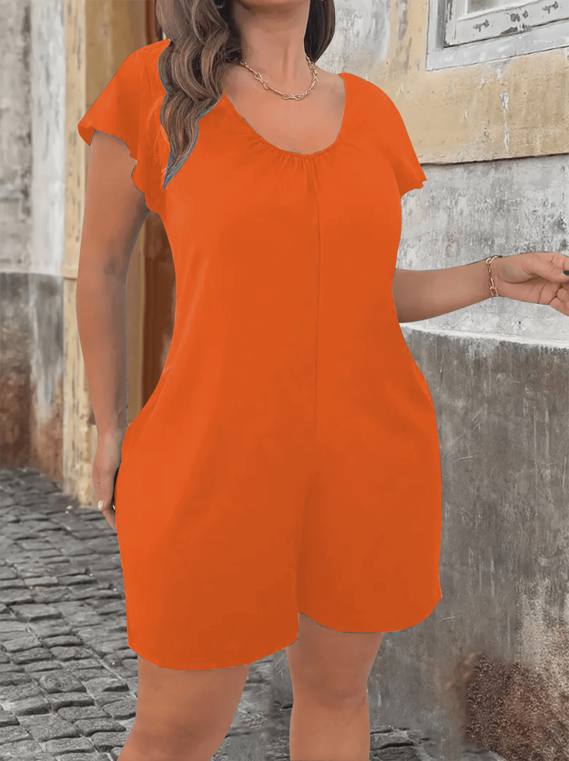 Plus Size V Neck Jumpsuit With Flounce Sleeves And Pockets Casual Chic Summer Outfit 3
