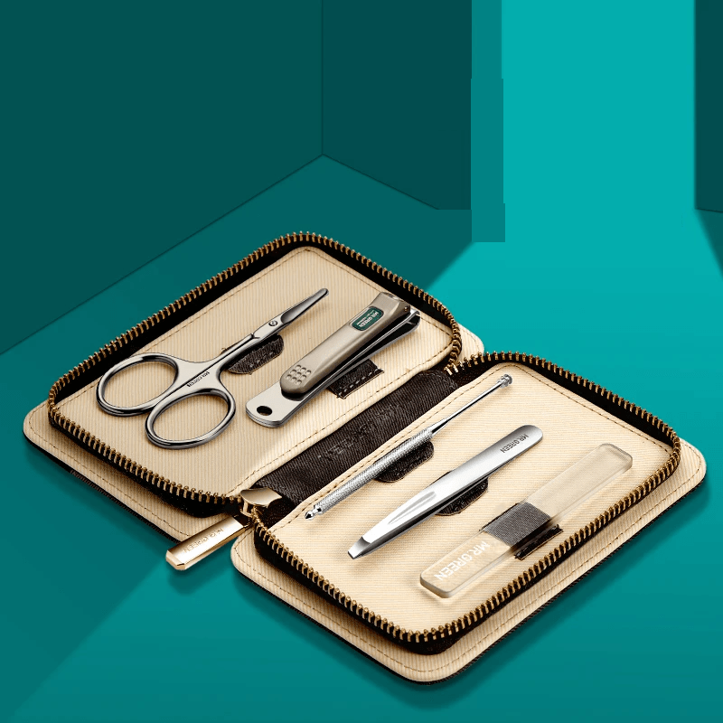 5 In 1 Manicure Set Simple  Practical Kit In Contrast Leather Case With Stainless Steel Nail Clippe