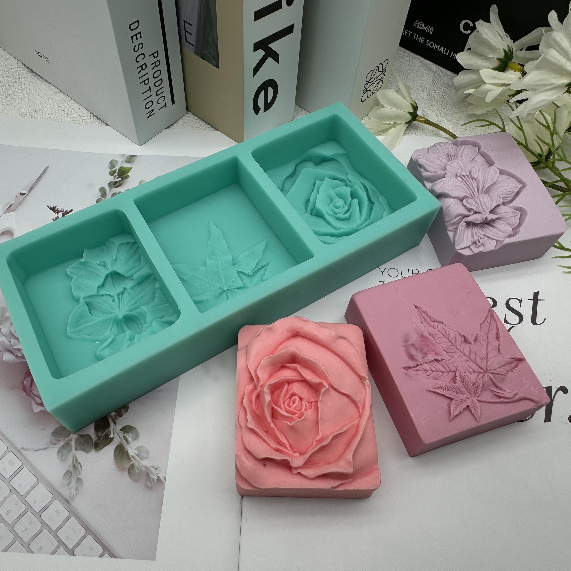 Handmade Silicone Soap Mold 3 Cavities Flower Design, Natural Soap Making, DIY Chocolate Candle Mold