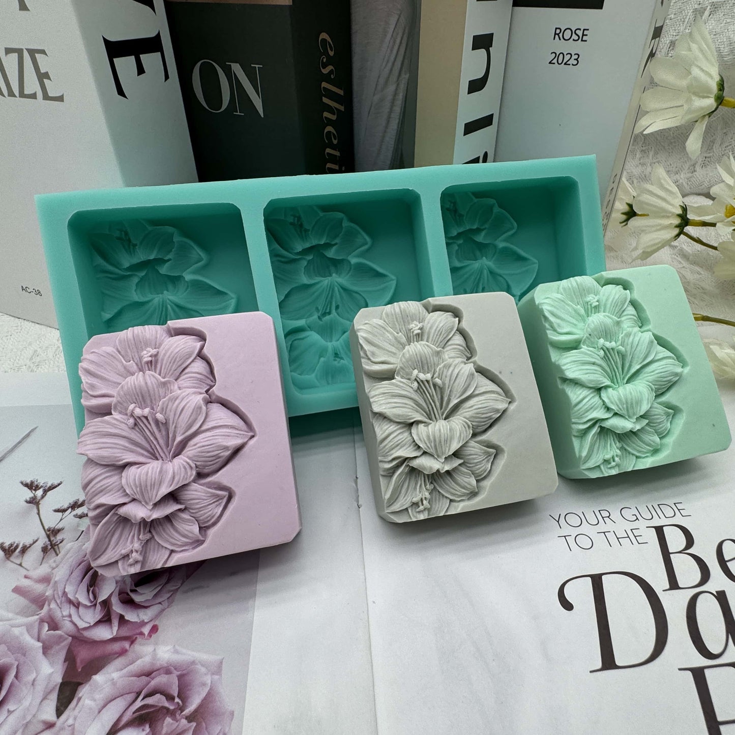 Handmade Silicone Soap Mold 3 Cavities Flower Design, Natural Soap Making, DIY Chocolate Candle Mold