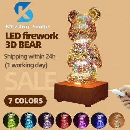 LED 3D Bear Firework Night Light, USB Color Changeable Ambient Lamp with 7 Colors, 3 Light Modes for Kids Room, Bedroom