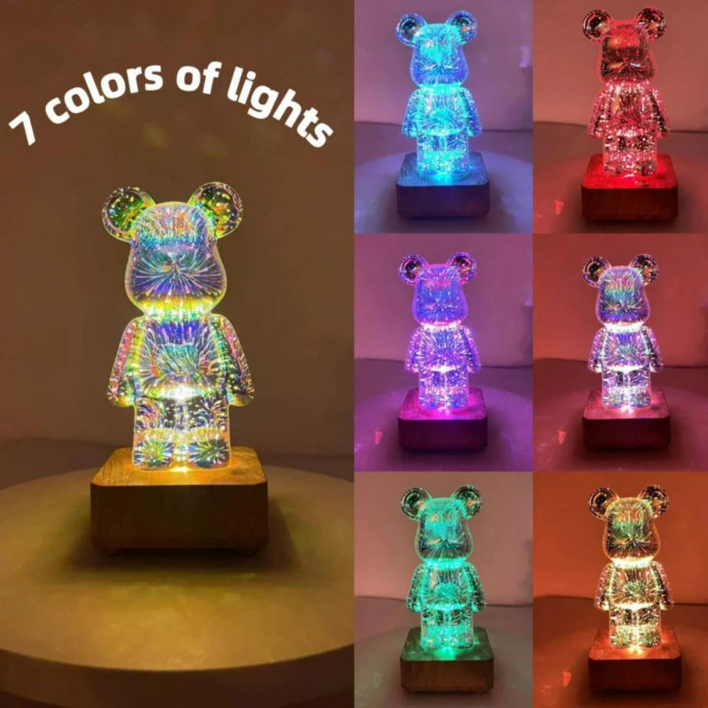 LED 3D Bear Firework Night Light, USB Color Changeable Ambient Lamp with 7 Colors, 3 Light Modes for Kids Room, Bedroom