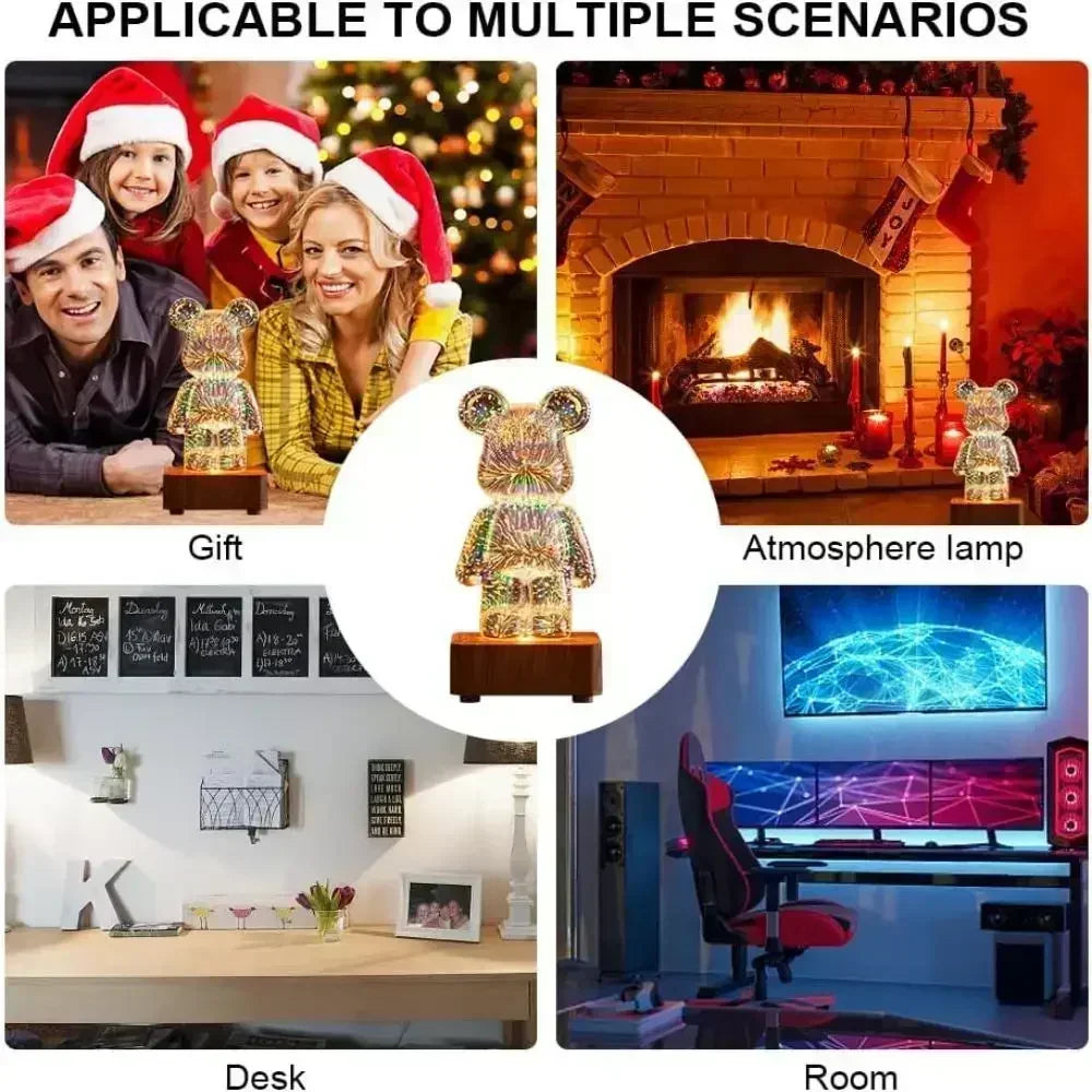 LED 3D Bear Firework Night Light, USB Color Changeable Ambient Lamp with 7 Colors, 3 Light Modes for Kids Room, Bedroom