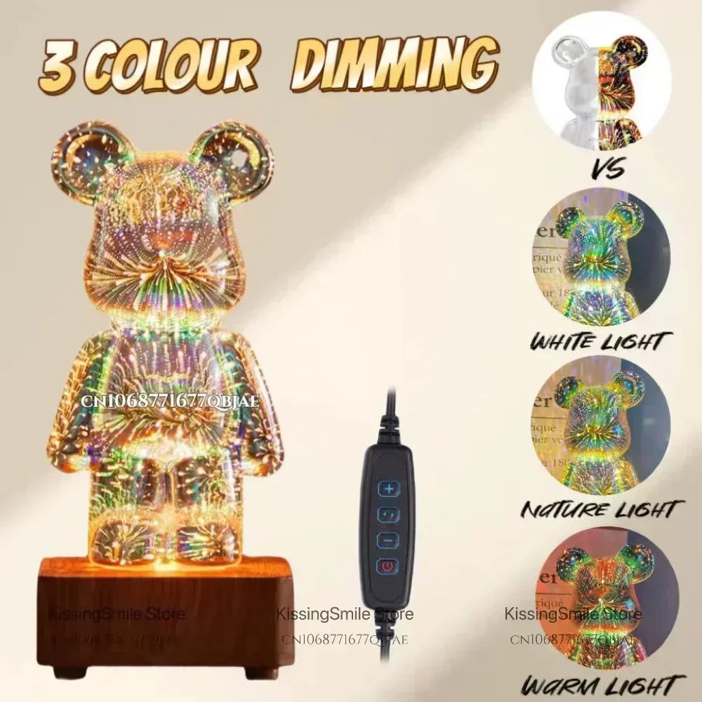LED 3D Bear Firework Night Light, USB Color Changeable Ambient Lamp with 7 Colors, 3 Light Modes for Kids Room, Bedroom