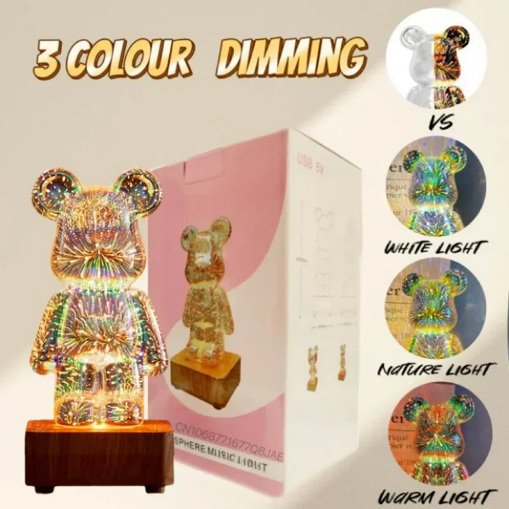 LED 3D Bear Firework Night Light, USB Color Changeable Ambient Lamp with 7 Colors, 3 Light Modes for Kids Room, Bedroom