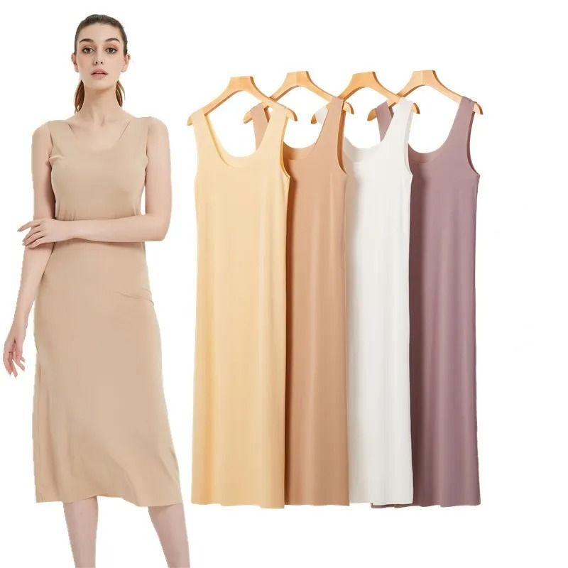 Women Ice Silk Slip Dress Seamless Midi Underdress With U Neck 1