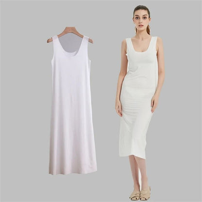 Women Ice Silk Slip Dress Seamless Midi Underdress With U Neck 3