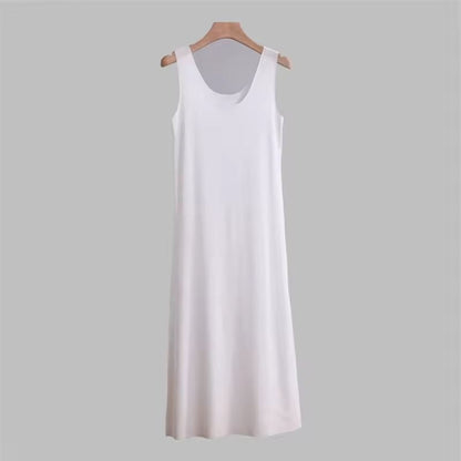 Women Ice Silk Slip Dress Seamless Midi Underdress With U Neck 10