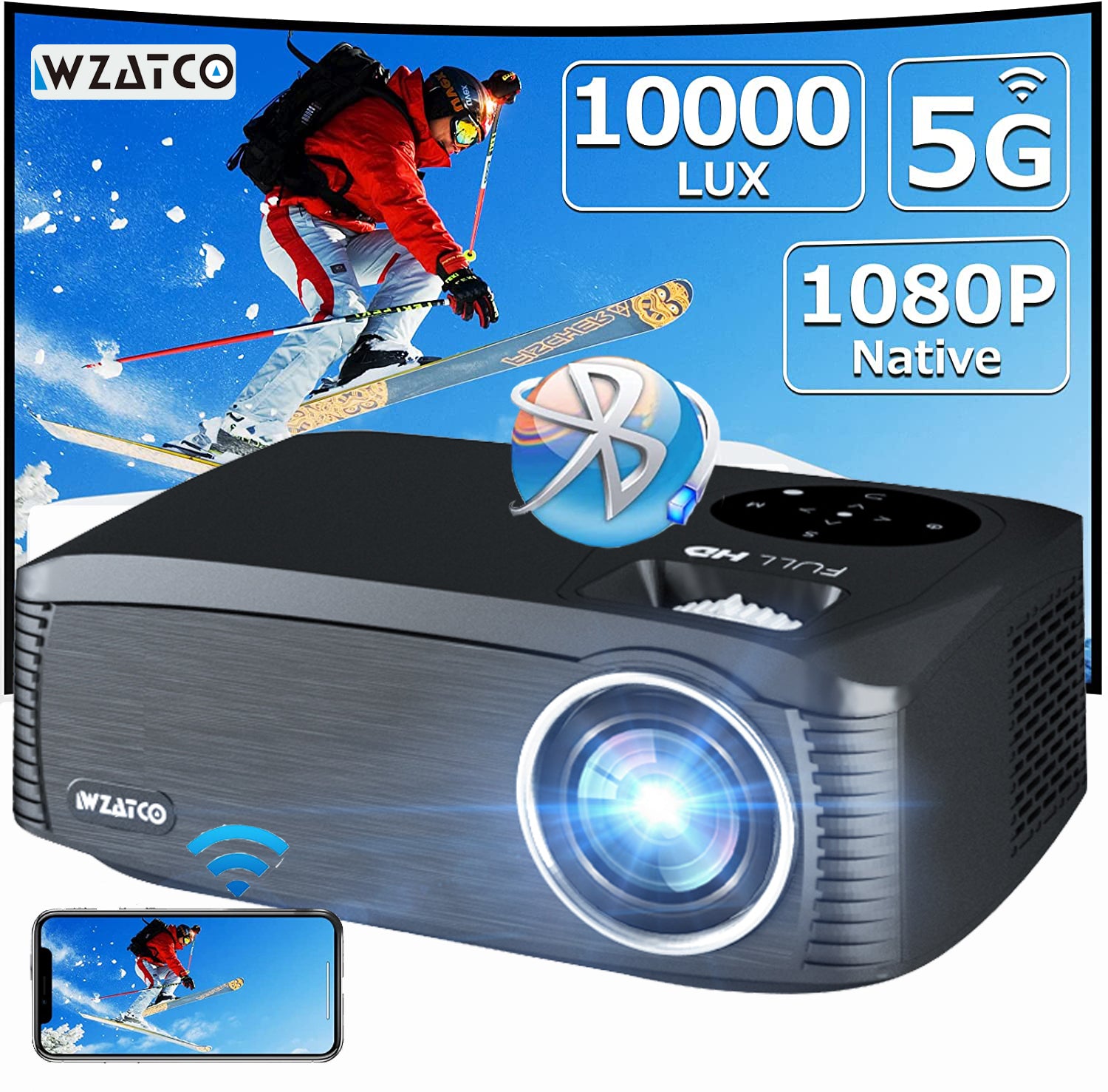 WZATCO C6A 300inch Projector, 1080P Full HD Smart WiFi 5G LED Home Theater Video Proyector with HIFI Sound