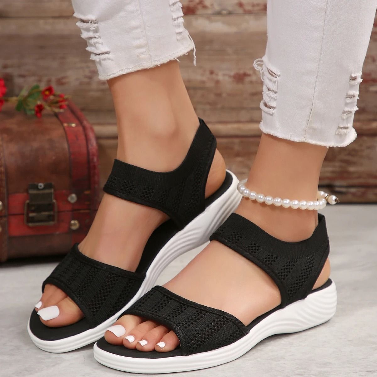 Womens Knit Elastic Wedge Sandals Lightweight Slip On Comfort Summer Shoes 4