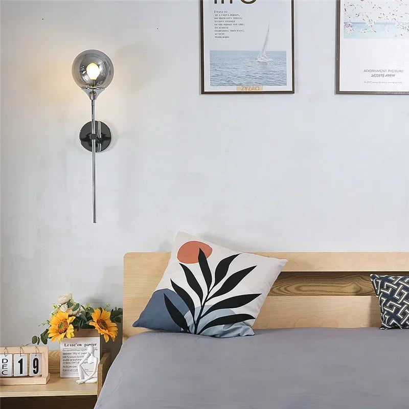 Modern Nordic Glass Ball Wall Lamp, Creative Golden Chrome Fixture with E14/E27 for Living Room, Kitchen Decoration