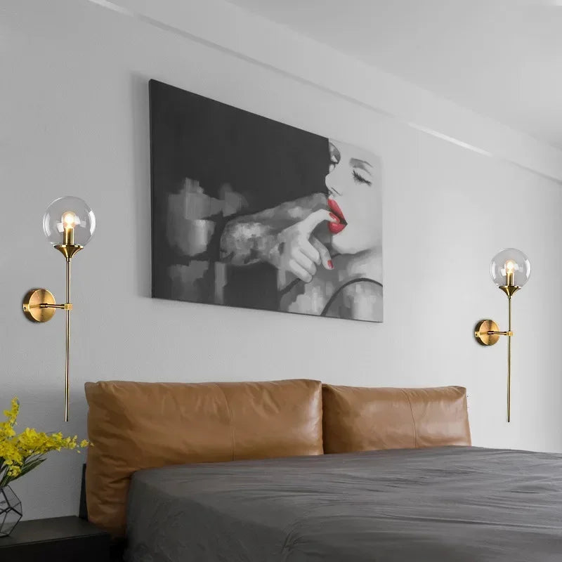 Modern Nordic Glass Ball Wall Lamp, Creative Golden Chrome Fixture with E14/E27 for Living Room, Kitchen Decoration
