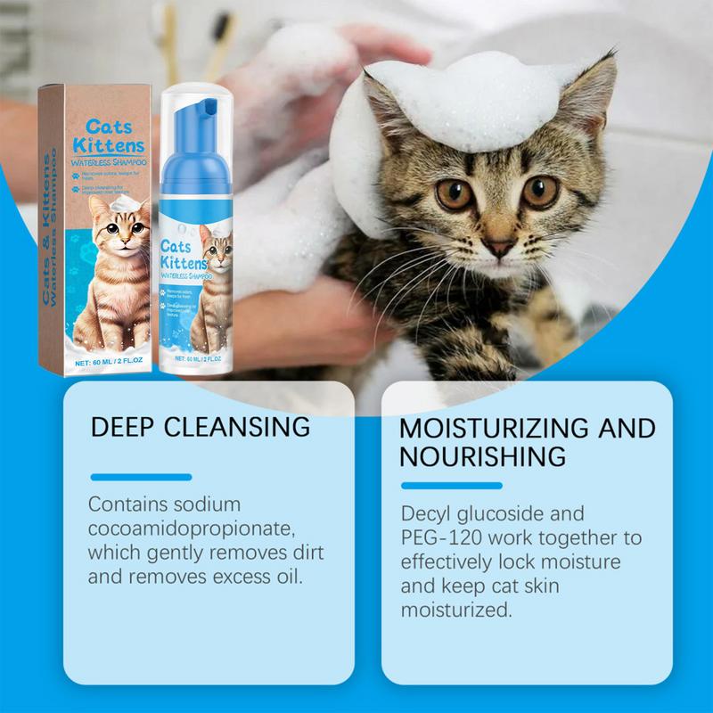 Waterless Cat Shampoo, Licking Safe Dry Shampoo 60ml, Gentle Foam Shampoo for Cats Relieves Itchy Skin