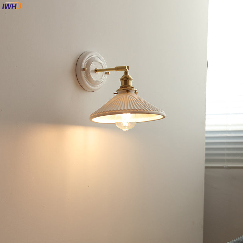 IWHD White Ceramic Modern Wall Lamp Beside Bed Nordic Copper LED Japanese Style Wandlamp For Living 1
