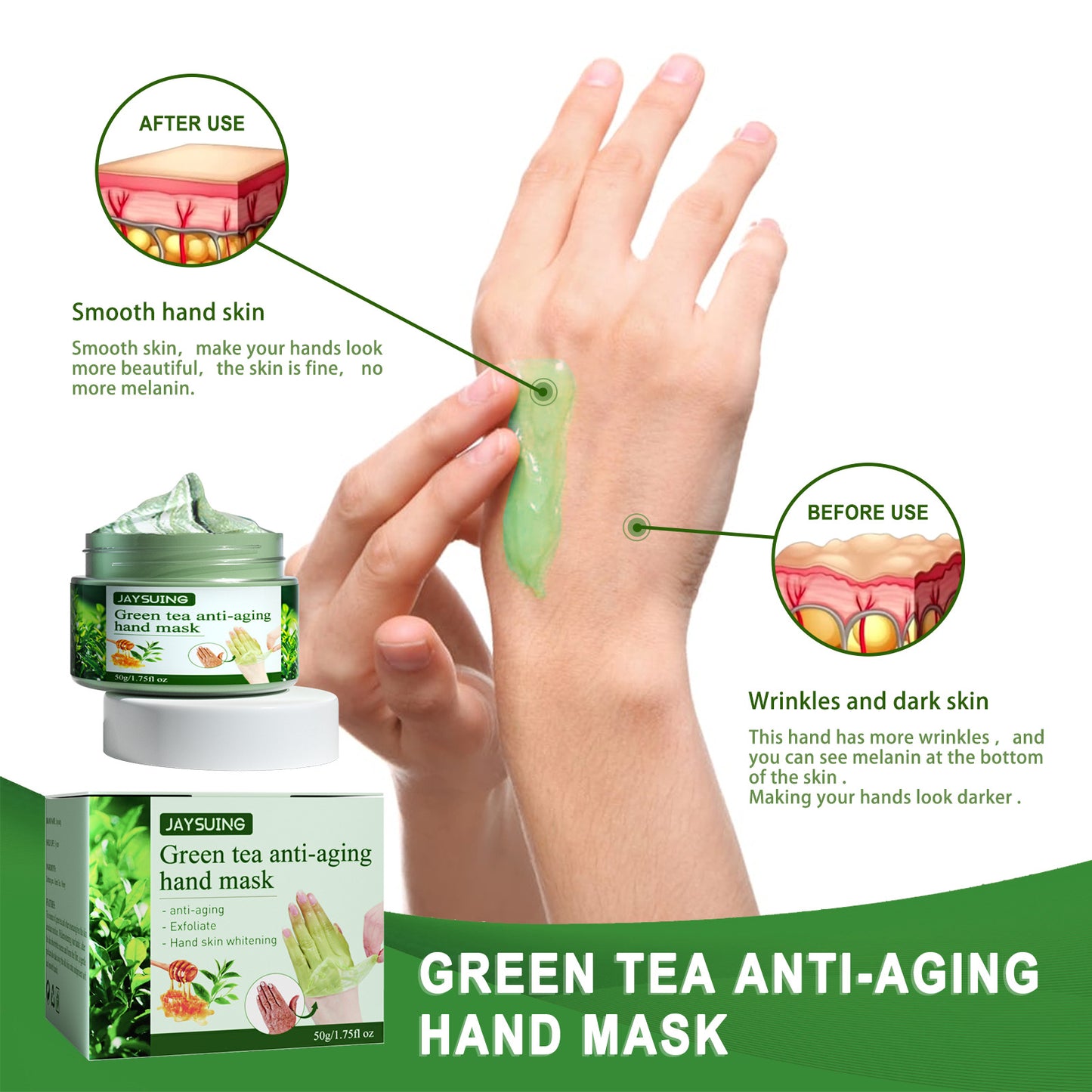 Jaysuing Green Tea Hand Mask Moisturizing Whitening Repair Anti Wrinkle Exfoliating Callus Film Han