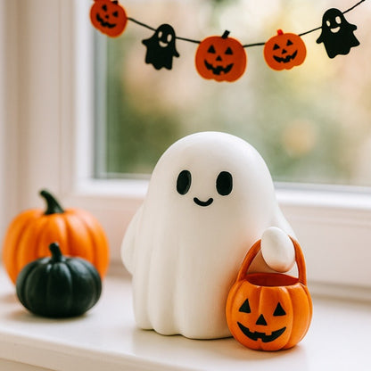Cute Ghost Statue, Holding Pumpkin Statue, Resin Halloween Home, Decorations for Indoor & Outdoor