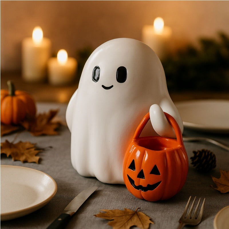Cute Ghost Statue Holding Pumpkin Statue Resin Halloween Home Decorations For Indoor  Outdoor 1