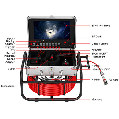 30M Pipe Inspection Camera with 9" DVR Monitor, IP68 17mm Borescope for Drain, Sewer Pipeline, Industrial Endoscope