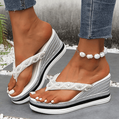 Womens Pearl Decor Wedge Sandals Thick Sole Platform Flip Flops For Summer 2