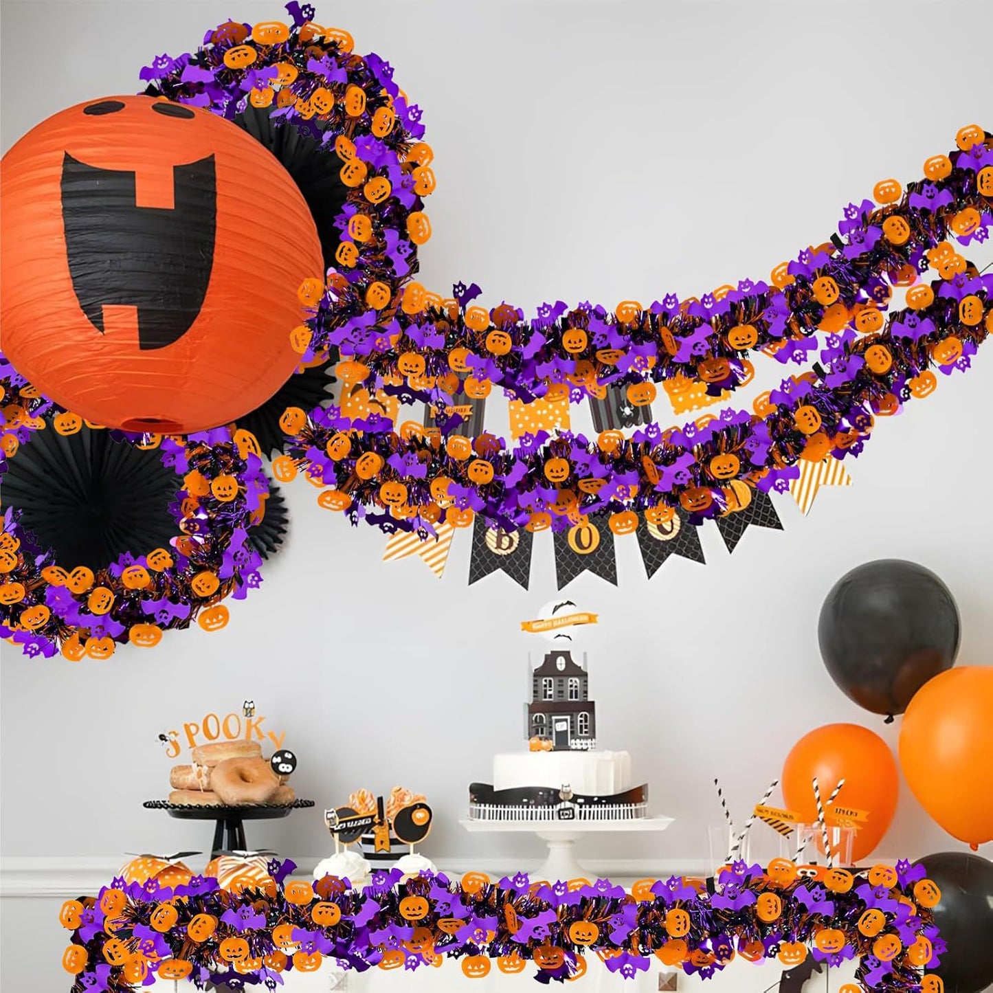 Halloween Tinsel Garland, Purple Tinsel Garland, Pumpkin Bat Halloween Decoration, Indoor Outdoor Garden Party Porch