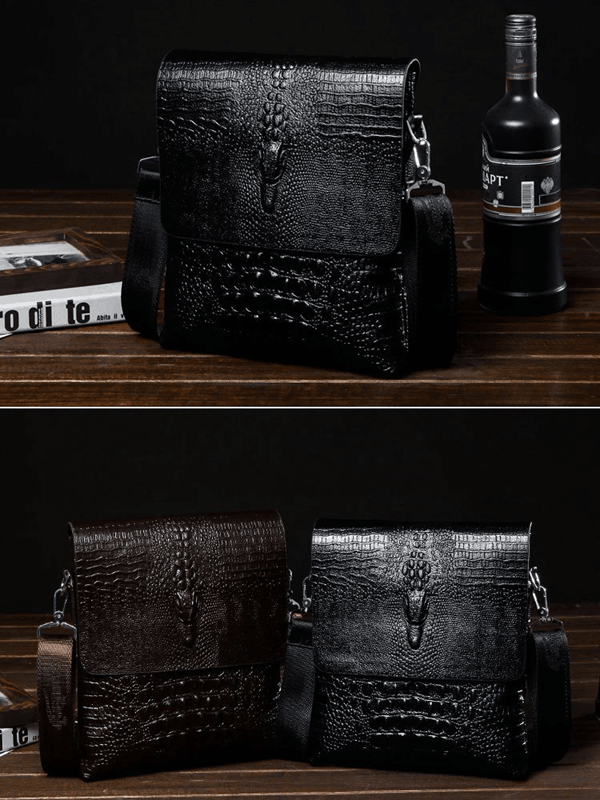 Mens Leather Messenger Bag Business Crossbody Satchel with Crocodile Grain