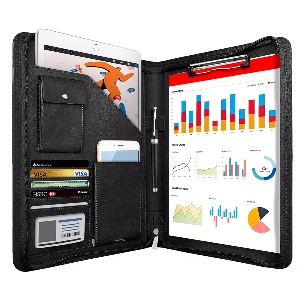 ExecutiveFlex Leather Zippered Padfolio – Multifunctional A4 Business Organizer