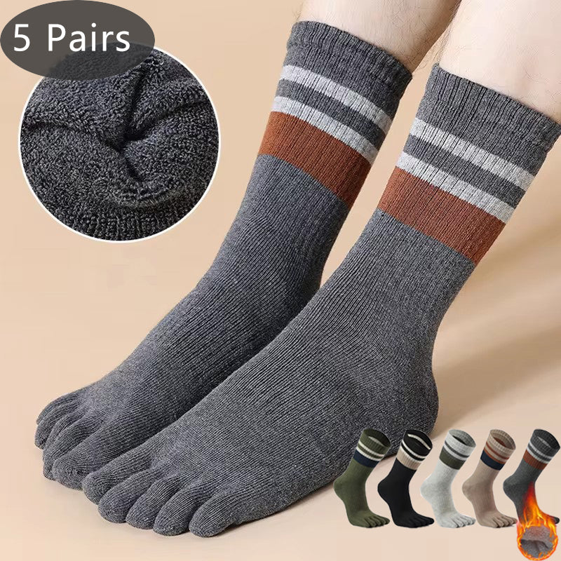 Men's Terry Toe Socks, Cotton Striped Thick & Soft 5 Finger Socks for Sweat-Absorbing, Warmth & Party Dress Comfort