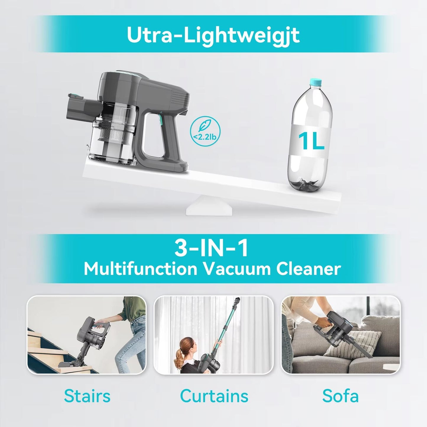 YISORA N300 Cordless Vacuum Cleaner  Ultra Lightweight 20Kpa Stick Vacuum For Pet Hair Carpet  Hard 4